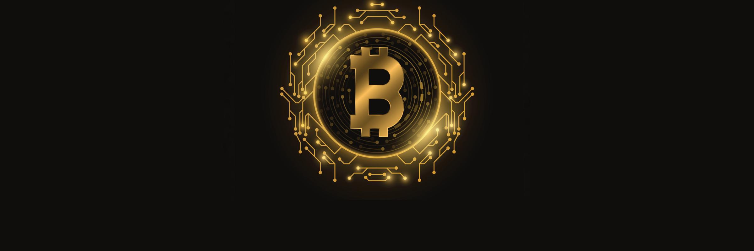 A glowing, gold Bitcoin logo