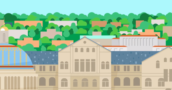 Illustration of McMahon Hall and campus