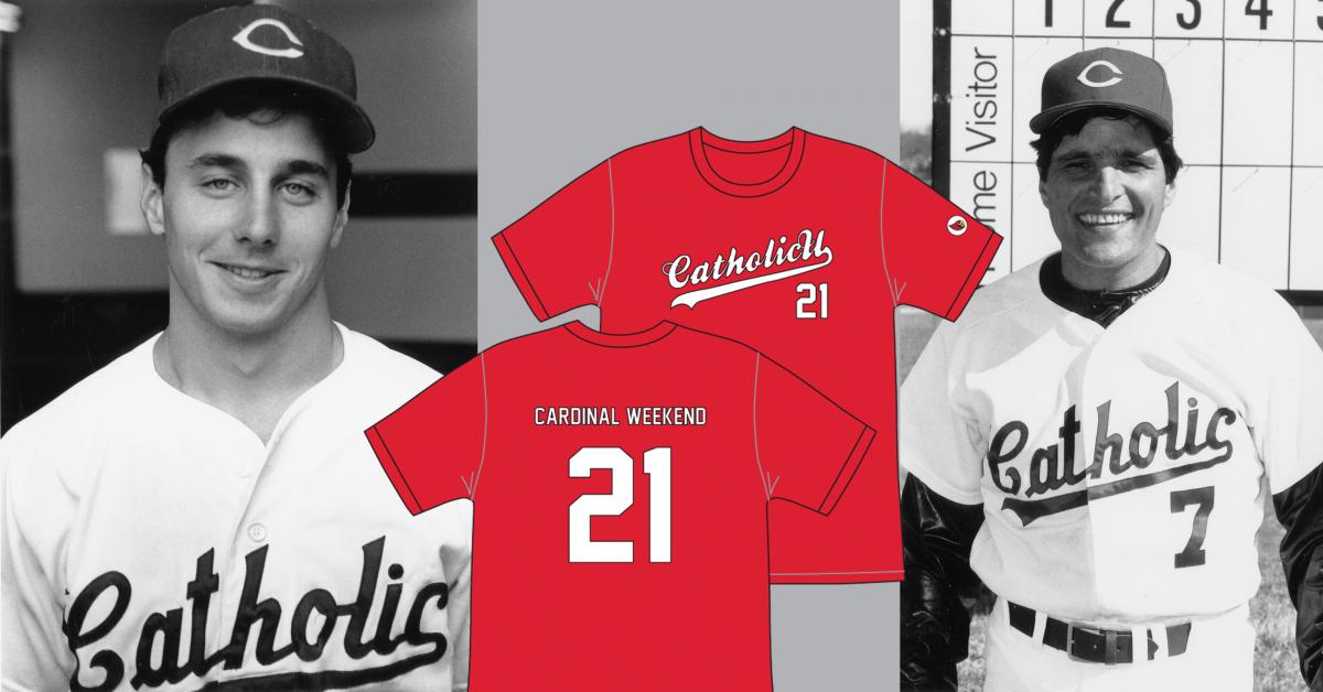 Brian Cashman, B.A. 1989, Ross Natoli, and the Cardinal Weekend 2021 T-shirt