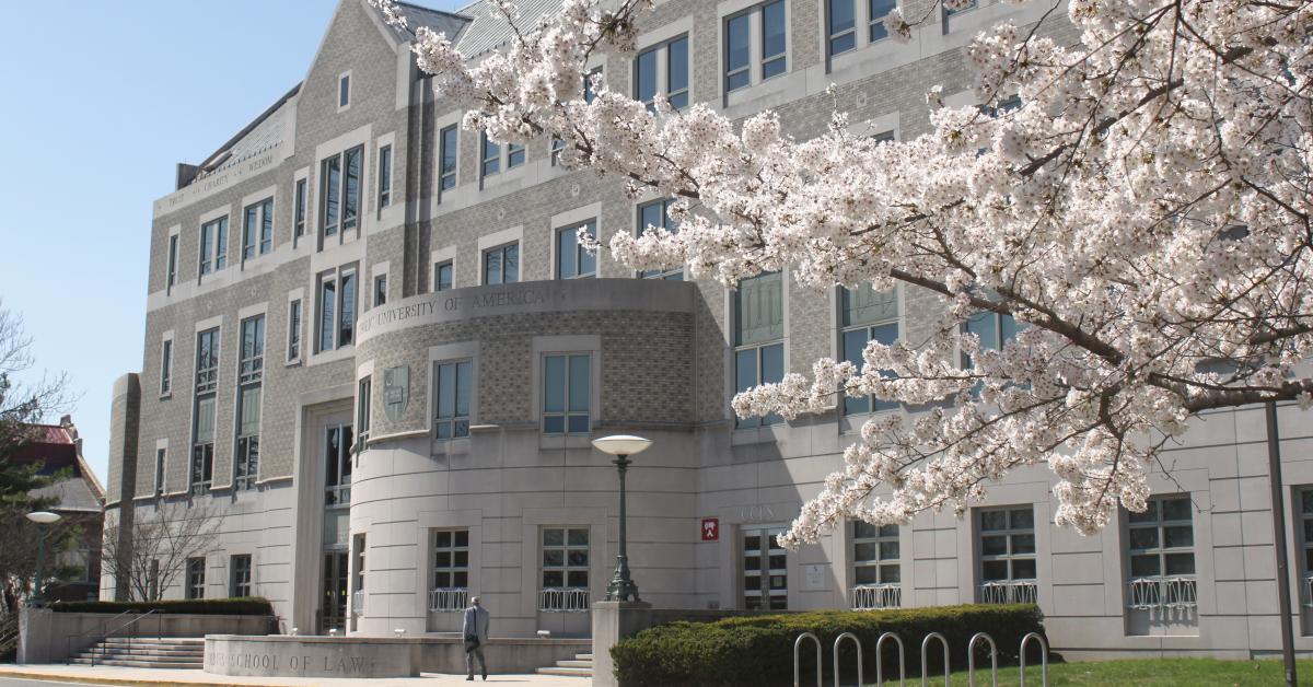 Columbus School of Law with cherry blossoms