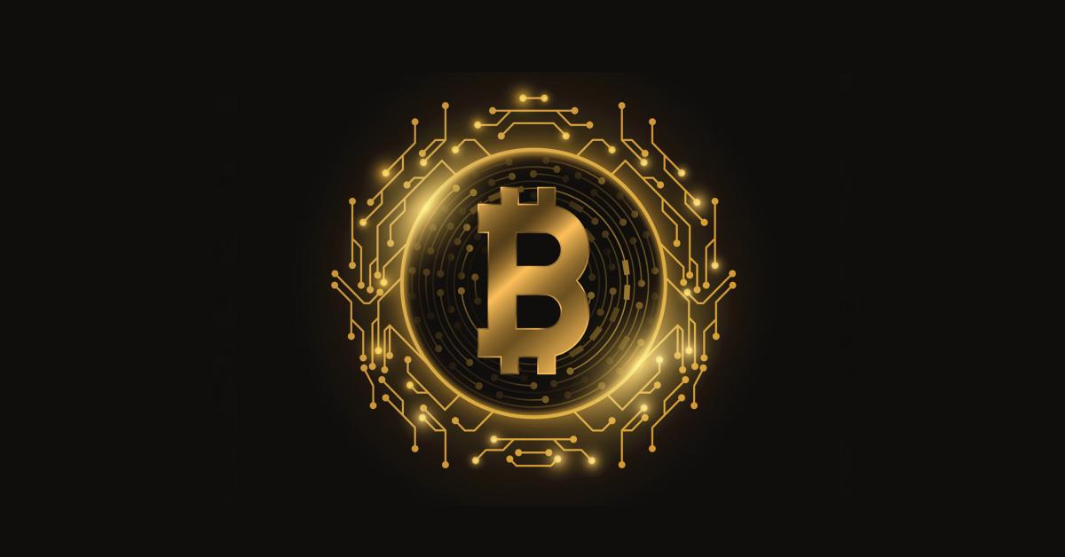 A glowing, gold Bitcoin logo