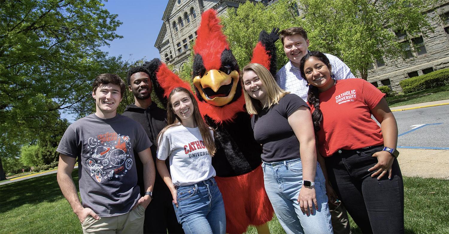 Students posed with Red the Cardinal